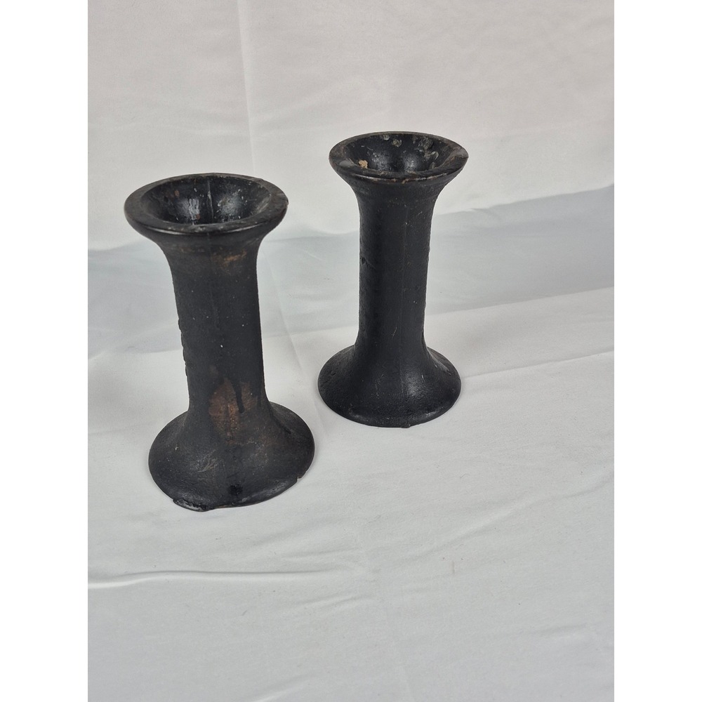 Vintage Cast Iron Candle Holders Pair Industrial Brutalist Disk Harrow Spools